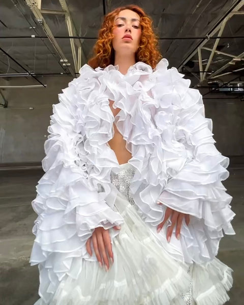 Gianfranco Ferre Vintage SS 1986 Couture White Silk and Cotton Organza Ruffle Statement Coat
