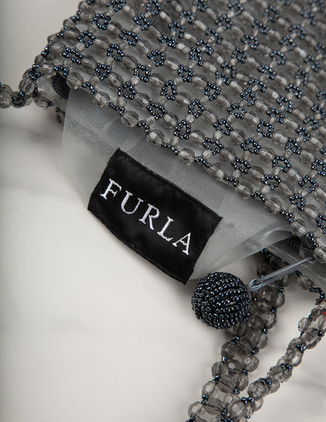 Furla Vintage Grey Beaded Sheer Mesh Evening Bag