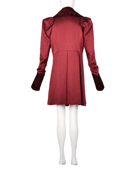 John Galliano Vintage AW 2007 Burgundy Jacquard Persian Lamb Collar Coat