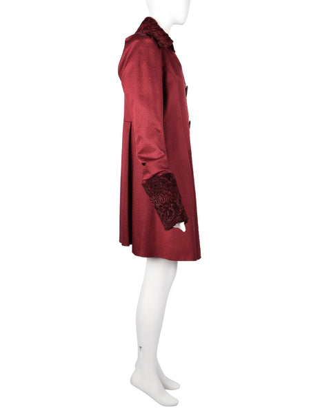 John Galliano Vintage AW 2007 Burgundy Jacquard Persian Lamb Collar Coat