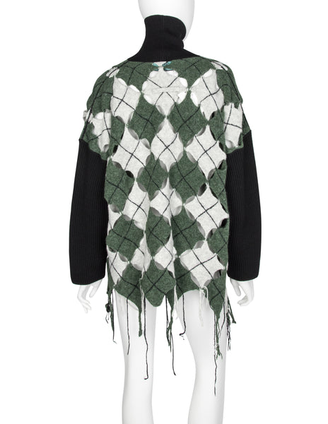 Jean Paul Gaultier Vintage AW 1993 Iconic Mens Boiled Wool Argyle Cutout Fringe Sweater