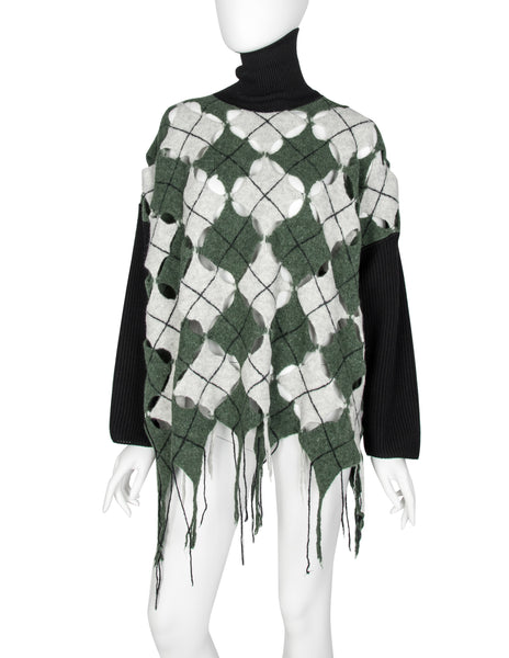 Jean Paul Gaultier Vintage AW 1993 Iconic Mens Boiled Wool Argyle Cutout Fringe Sweater