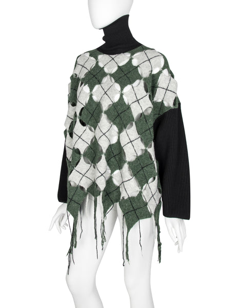Jean Paul Gaultier Vintage AW 1993 Iconic Mens Boiled Wool Argyle Cutout Fringe Sweater