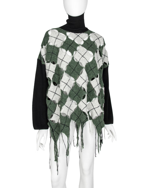 Jean Paul Gaultier Vintage AW 1993 Iconic Mens Boiled Wool Argyle Cutout Fringe Sweater