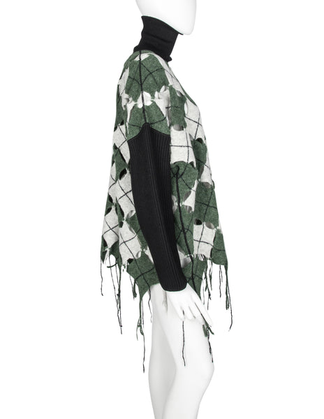 Jean Paul Gaultier Vintage AW 1993 Iconic Mens Boiled Wool Argyle Cutout Fringe Sweater