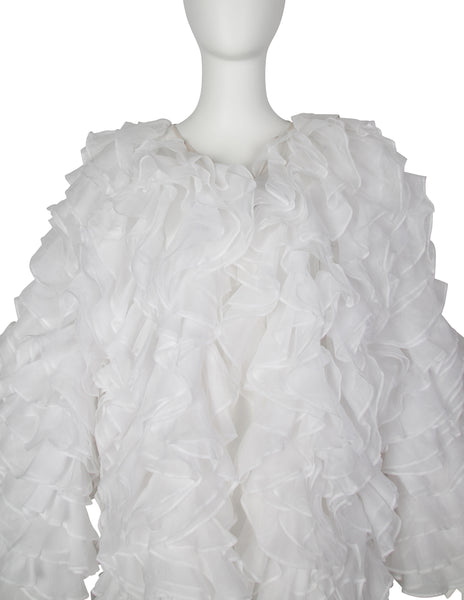 Gianfranco Ferre Vintage SS 1986 Couture White Silk and Cotton Organza Ruffle Statement Coat