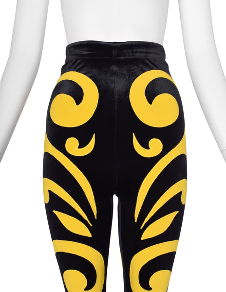 Gianni Versace Vintage AW 1991 Black Velvet Leggings with Scrolling Applique