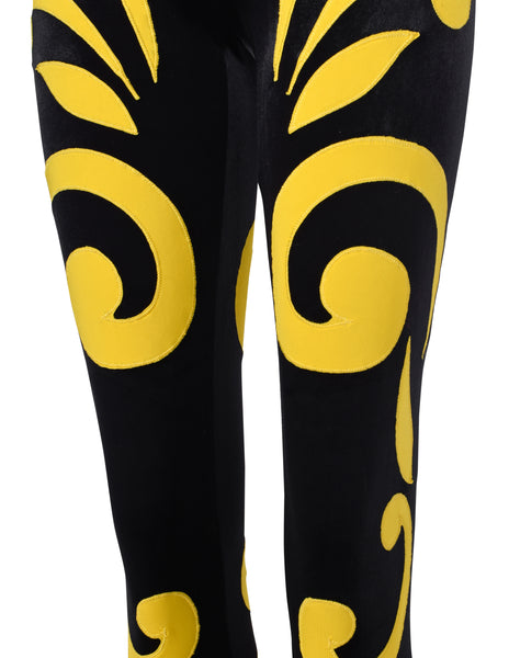 Gianni Versace Vintage AW 1991 Black Velvet Leggings with Scrolling Applique