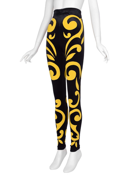 Gianni Versace Vintage AW 1991 Black Velvet Leggings with Scrolling Applique