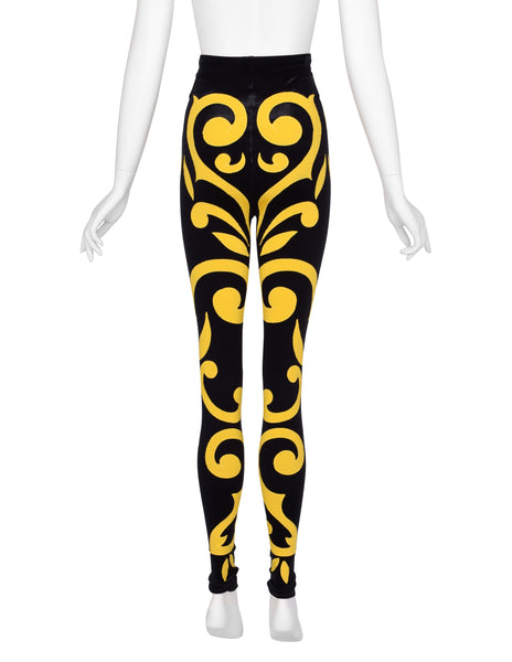 Gianni Versace Vintage AW 1991 Black Velvet Leggings with Scrolling Applique