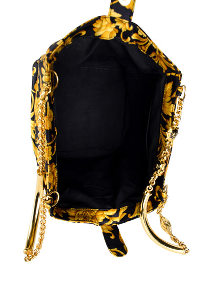 Gianni Versace Vintage Early 1990s Black and Yellow Baroque Floral Bucket Bag