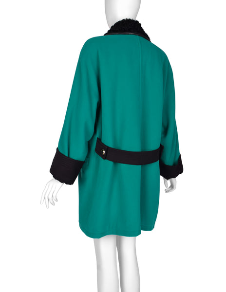 Gianni Versace Vintage 1990s Teal Wool Cashmere Shearling Collar Coat
