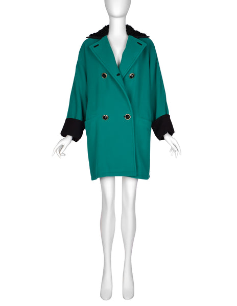 Gianni Versace Vintage 1990s Teal Wool Cashmere Shearling Collar Coat