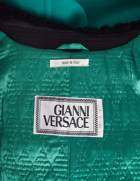 Gianni Versace Vintage 1990s Teal Wool Cashmere Shearling Collar Coat