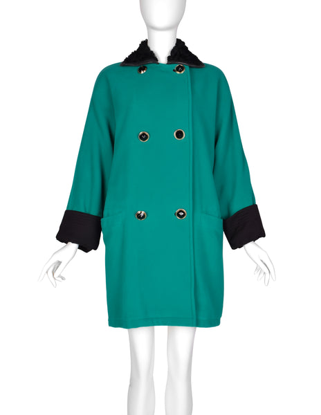 Gianni Versace Vintage 1990s Teal Wool Cashmere Shearling Collar Coat