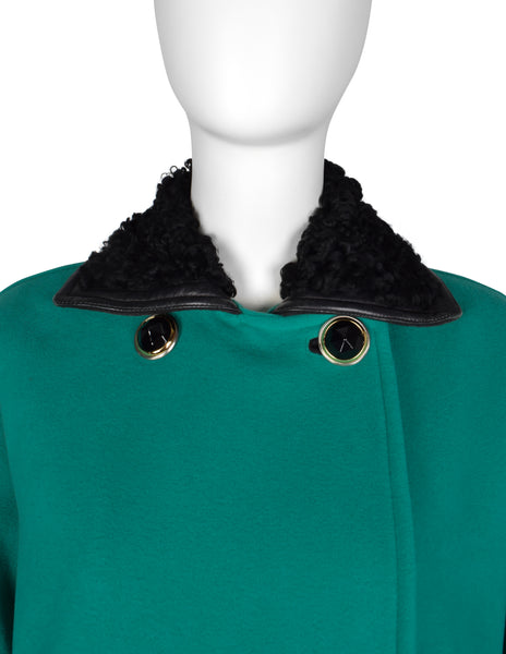 Gianni Versace Vintage 1990s Teal Wool Cashmere Shearling Collar Coat