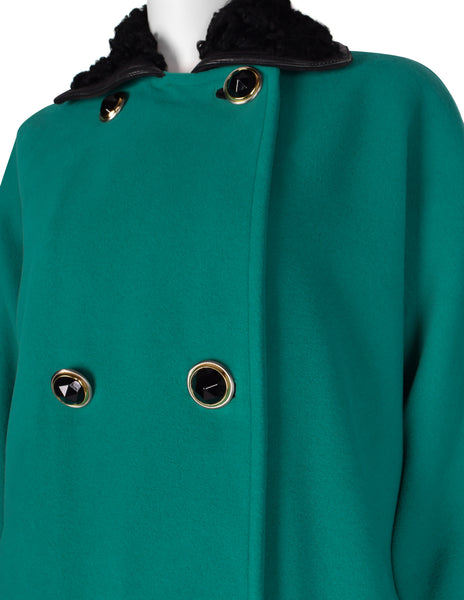 Gianni Versace Vintage 1990s Teal Wool Cashmere Shearling Collar Coat