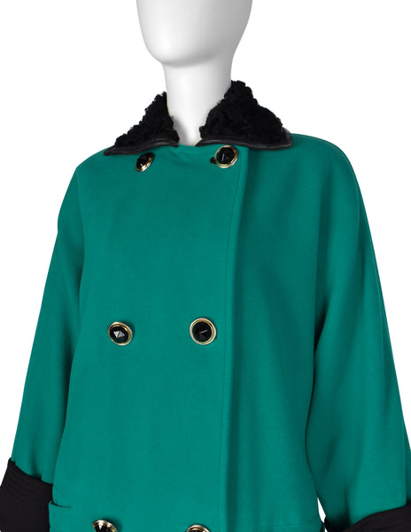 Gianni Versace Vintage 1990s Teal Wool Cashmere Shearling Collar Coat
