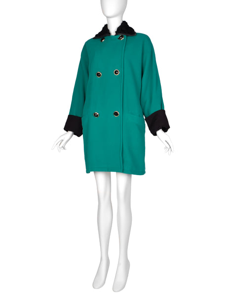 Gianni Versace Vintage 1990s Teal Wool Cashmere Shearling Collar Coat