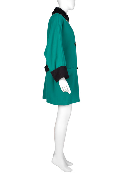 Gianni Versace Vintage 1990s Teal Wool Cashmere Shearling Collar Coat