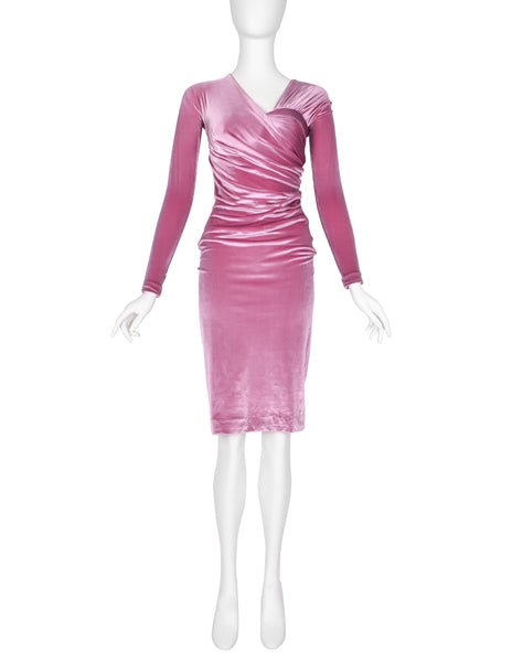 Gianni Versace Vintage AW 1995 ICONIC Pink Velvet Ruched Dress