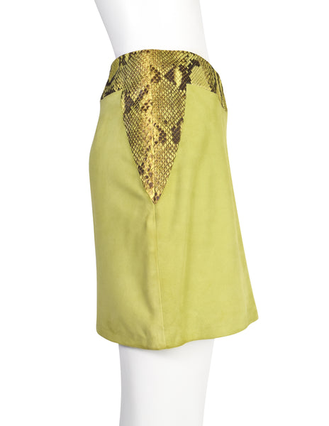 Gianni Versace Vintage 1990s Green Suede and Snakeskin Mini Skirt
