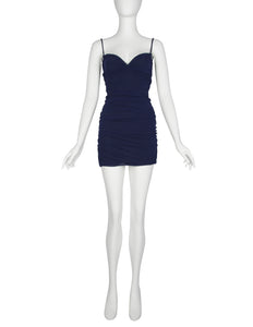Giorgio di Sant'Angelo Vintage SS 1990 Navy Blue Stretched Ruched Mesh Bodycon Mini Dress