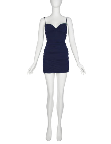 Giorgio di Sant'Angelo Vintage SS 1990 Navy Blue Stretched Ruched Mesh Bodycon Mini Dress