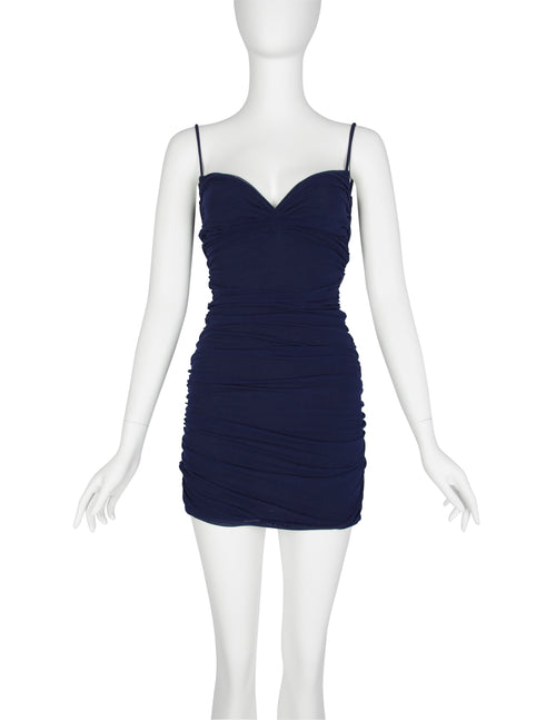 denim dresses for women bodycon Giorgio di Sant'Angelo Vintage SS 1990 Navy Blue Stretch Ruched Mesh Bodycon Mini Dress