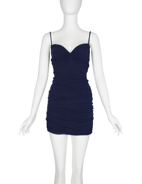 Giorgio di Sant'Angelo Vintage SS 1990 Navy Blue Stretched Ruched Mesh Bodycon Mini Dress