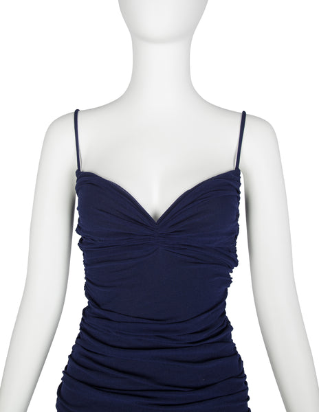 Giorgio di Sant'Angelo Vintage SS 1990 Navy Blue Stretched Ruched Mesh Bodycon Mini Dress