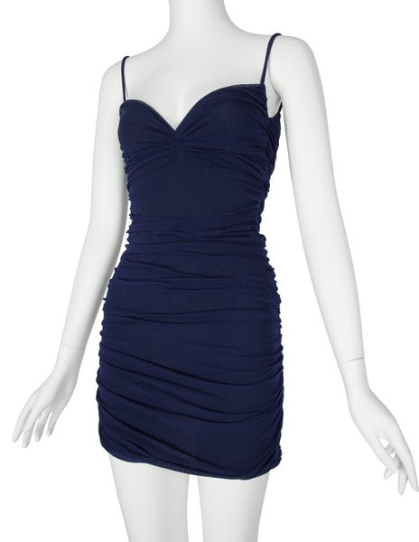 Giorgio di Sant'Angelo Vintage SS 1990 Navy Blue Stretched Ruched Mesh Bodycon Mini Dress