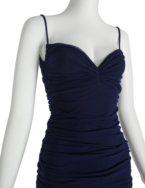Giorgio di Sant'Angelo Vintage SS 1990 Navy Blue Stretched Ruched Mesh Bodycon Mini Dress