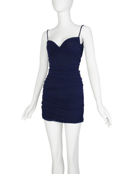 Giorgio di Sant'Angelo Vintage SS 1990 Navy Blue Stretched Ruched Mesh Bodycon Mini Dress