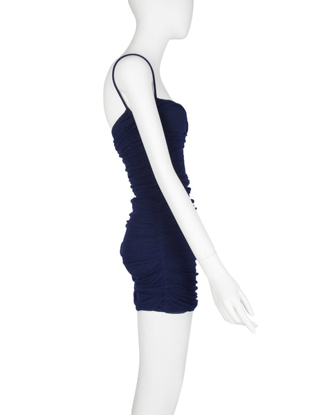 Giorgio di Sant'Angelo Vintage SS 1990 Navy Blue Stretched Ruched Mesh Bodycon Mini Dress