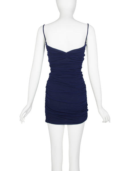 Giorgio di Sant'Angelo Vintage SS 1990 Navy Blue Stretched Ruched Mesh Bodycon Mini Dress