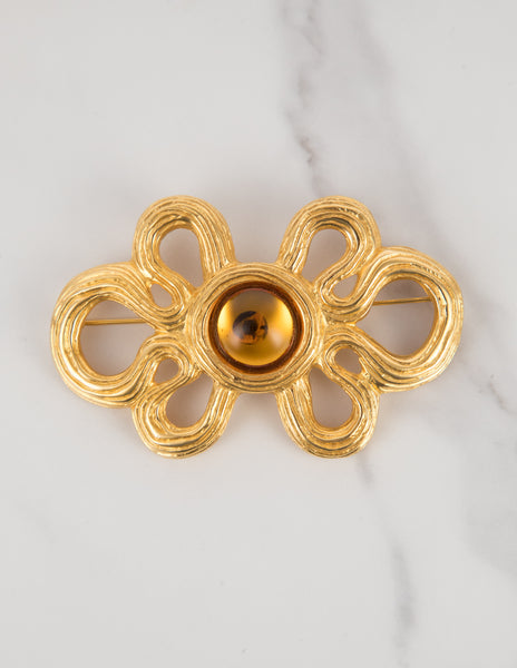Givenchy Vintage Amber Glass and Golden Swirly Statement Brooch