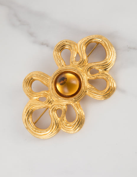 Givenchy Vintage Amber Glass and Golden Swirly Statement Brooch