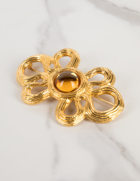 Givenchy Vintage Amber Glass and Golden Swirly Statement Brooch