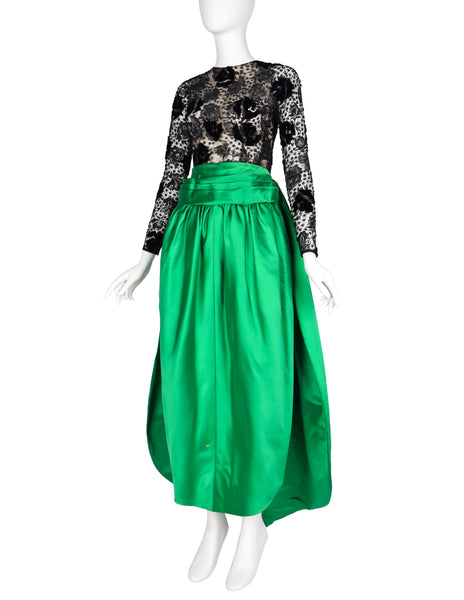 Givenchy Haute Couture Vintage AW 1978 Documented Black Lace and Green Duchess Satin Gown