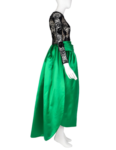 Givenchy Haute Couture Vintage AW 1978 Documented Black Lace and Green Duchess Satin Gown