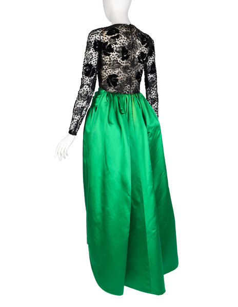 Givenchy Haute Couture Vintage AW 1978 Documented Black Lace and Green Duchess Satin Gown