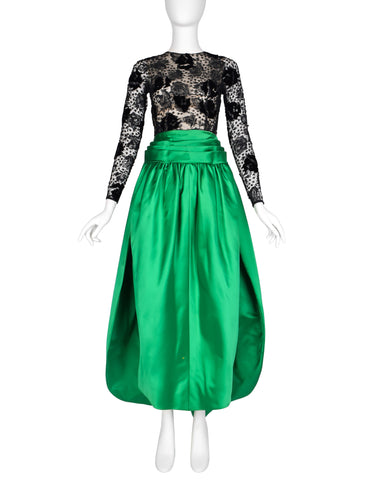 Givenchy Haute Couture Vintage AW 1978 Documented Black Lace and Green Duchess Satin Gown