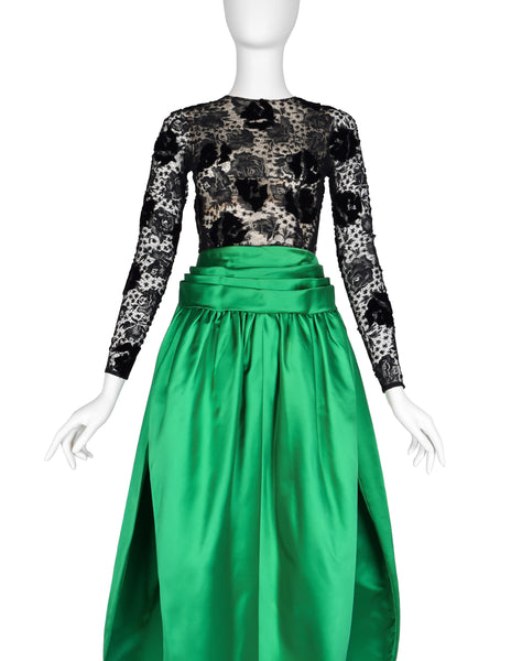 Givenchy Haute Couture Vintage AW 1978 Documented Black Lace and Green Duchess Satin Gown