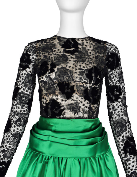 Givenchy Haute Couture Vintage AW 1978 Documented Black Lace and Green Duchess Satin Gown