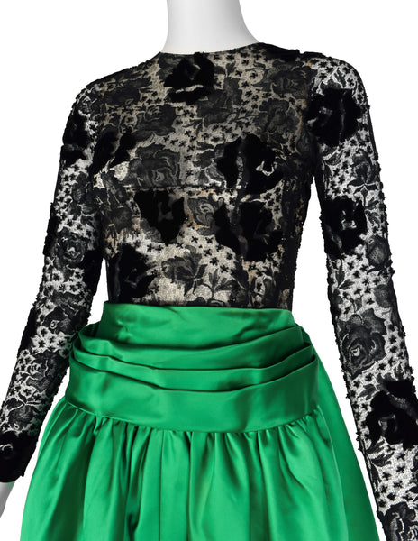Givenchy Haute Couture Vintage AW 1978 Documented Black Lace and Green Duchess Satin Gown
