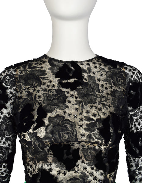 Givenchy Haute Couture Vintage AW 1978 Documented Black Lace and Green Duchess Satin Gown