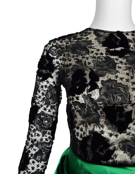 Givenchy Haute Couture Vintage AW 1978 Documented Black Lace and Green Duchess Satin Gown