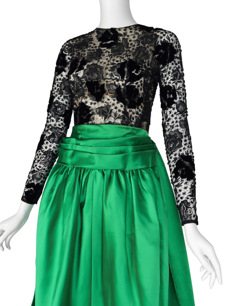 Givenchy Haute Couture Vintage AW 1978 Documented Black Lace and Green Duchess Satin Gown