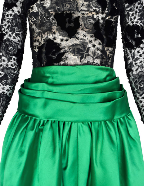 Givenchy Haute Couture Vintage AW 1978 Documented Black Lace and Green Duchess Satin Gown